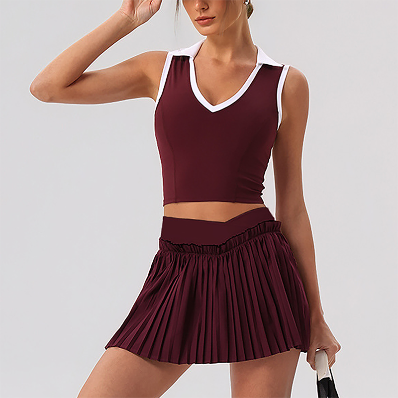 Wholesale Women's Halter Neck Sports Bra & Pleated Mini Skirt Set with Chest Pad