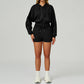 Loose hooded and full zipper Sweatshirt + drawstring shorts 2 pieces set