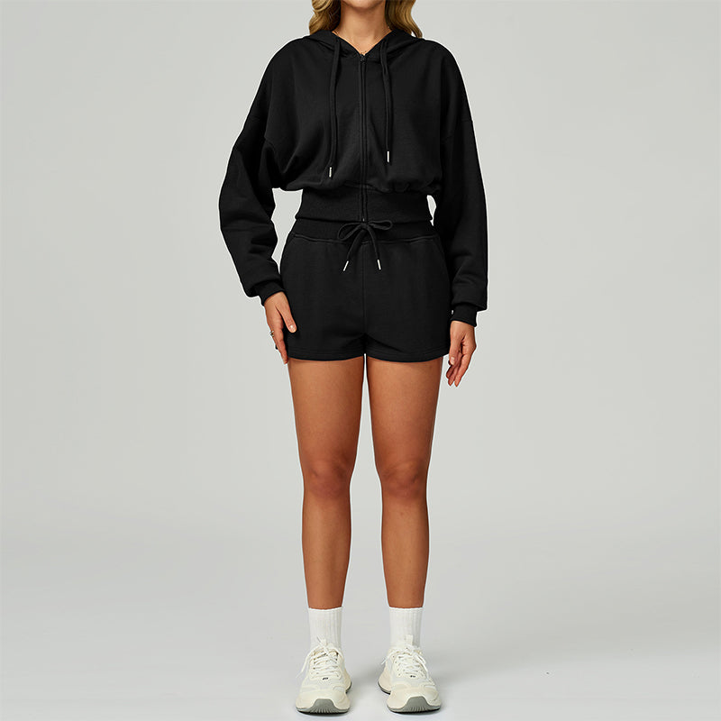 Loose hooded and full zipper Sweatshirt + drawstring shorts 2 pieces set