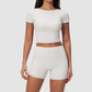 Wholesale Seam-Detail Cropped Short-Sleeve Top & High-Waist Biker Shorts Set – Brushed Yoga 2-Piece