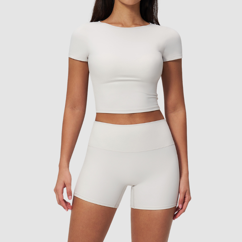 Wholesale Seam-Detail Cropped Short-Sleeve Top & High-Waist Biker Shorts Set – Brushed Yoga 2-Piece