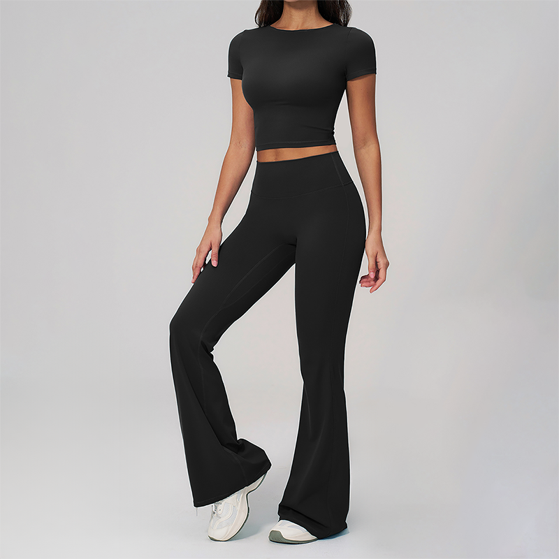 Wholesale Seam-Detail Cropped T-Shirt & Flare Leggings Set – Brushed Yoga 2-Piece