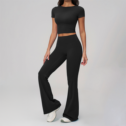 Wholesale Seam-Detail Cropped T-Shirt & Flare Leggings Set – Brushed Yoga 2-Piece