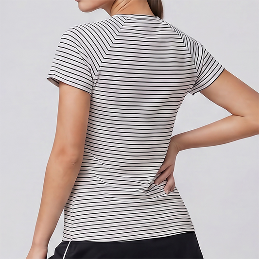 Wholesale Women's Striped Yoga T-Shirt – Short Sleeve Tie-Front Breathable Running Top