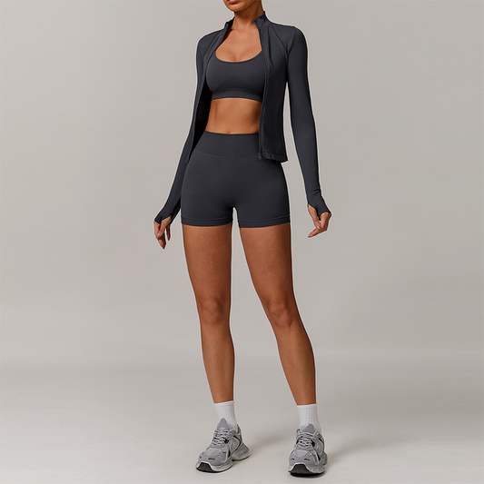 Seamless yoga bra + Full Zipper jackets + high waist shorts 3-piece set