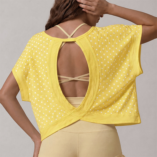 Wholesale Women's Hollow Polka Dot Yoga Cover-Up – Loose Fit Open-Back Short Sleeve Gym Top