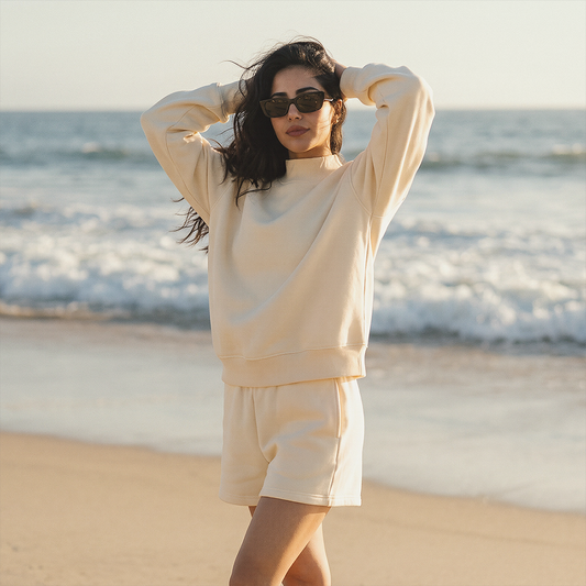 Semi-High Neck Top + Drawstring Shorts 2-piece set