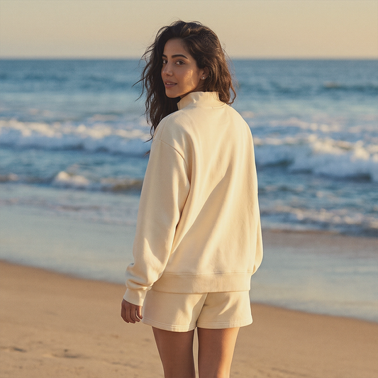 Semi-High Neck Top + Drawstring Shorts 2-piece set