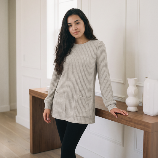 Wholesale Women’s Ribbed Pocket Tunic Sweater – Mid-Long Knit Pullover