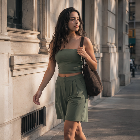 Wholesale Women’s Tube Top & Relaxed Shorts Yoga Set – Moisture-Wicking