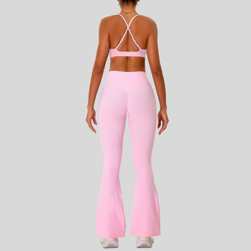 Strap sports bra+High-waisted flared pants 2-piece set
