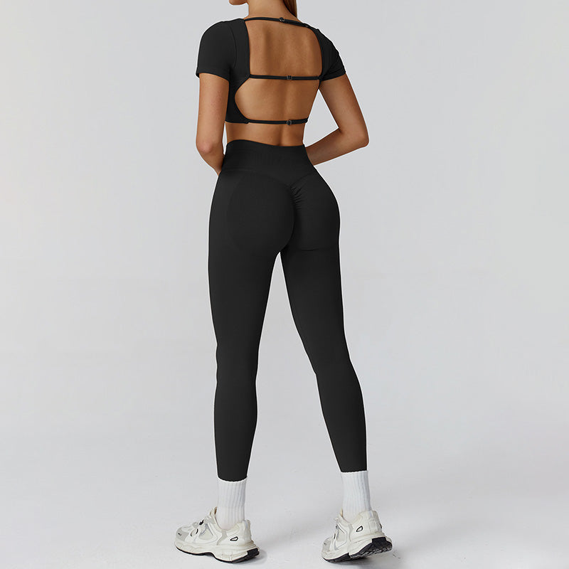 Seamless short sleeve Sports top + High-waisted leggings 2-Piece Set