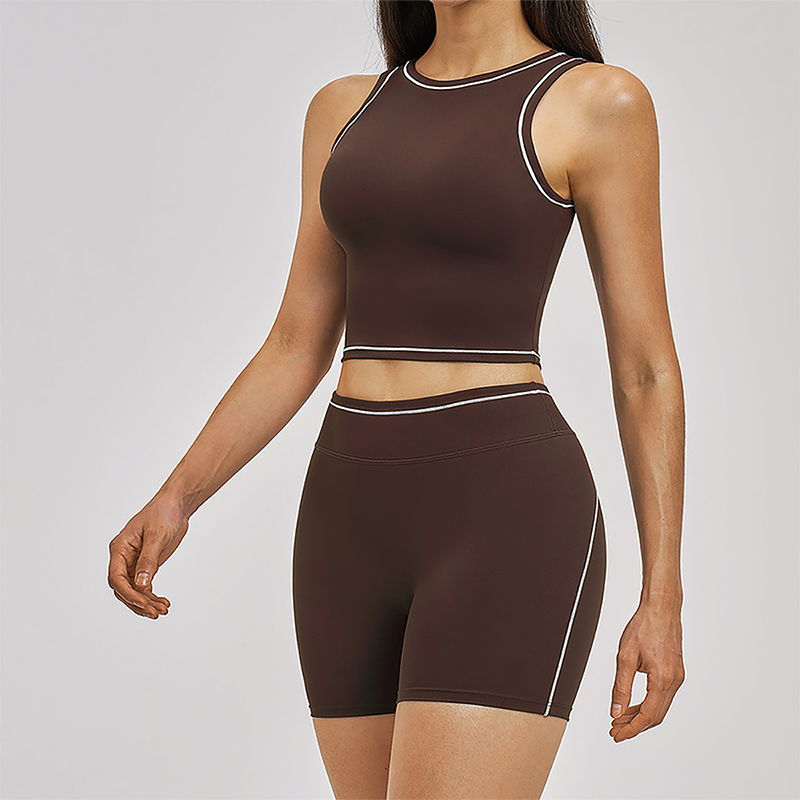 Wholesale Color Block Yoga Halter Vest + Shorts 2-Piece Set
