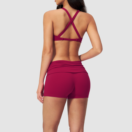 Wholesale Cross Trap Sports Bra + Fold-Up Waistband Shorts 2-Piece Set