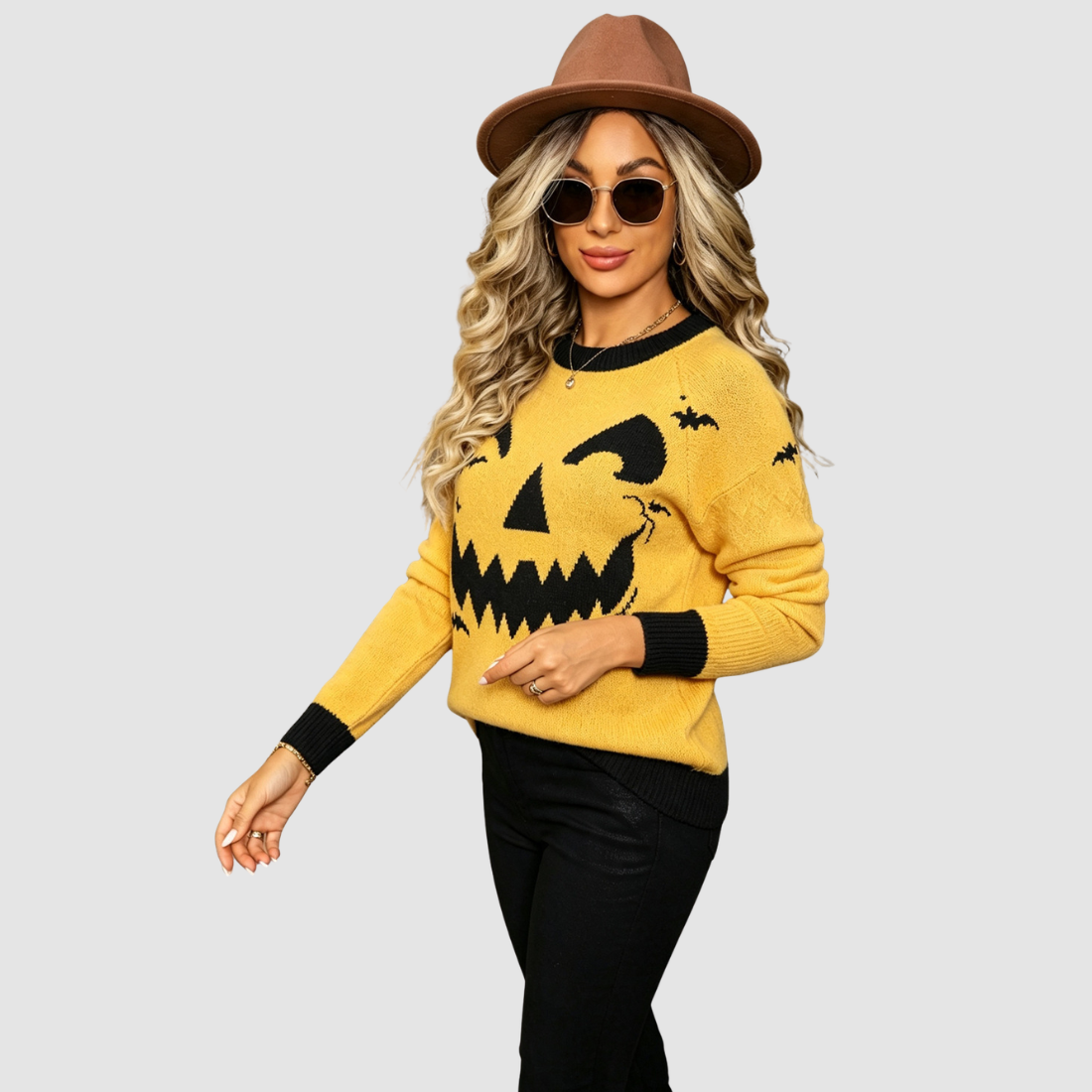 Wholesale Women's Halloween Witch Bat & Skull Knit Sweater – Yellow Round-Neck Pullover