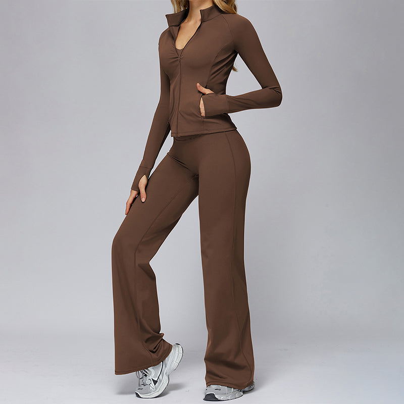 Zippered quick-drying sports jacket+High-waisted wide-leg sweatpants 2-piece set