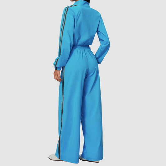Wholesale Women's Color-Block Stand-Collar Wide-Leg Pants Sports Set