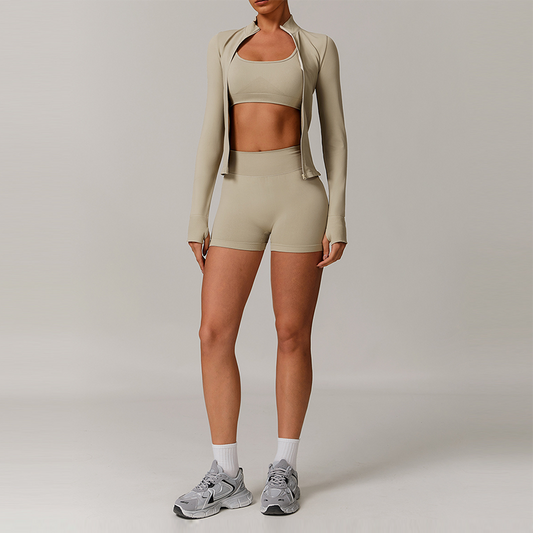 Seamless yoga bra + Full Zipper jackets + high waist shorts 3-piece set