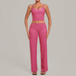 Wholesale Women's Activewear Retro Print Fold-Over Waist Top & Straight-Leg Pants Set