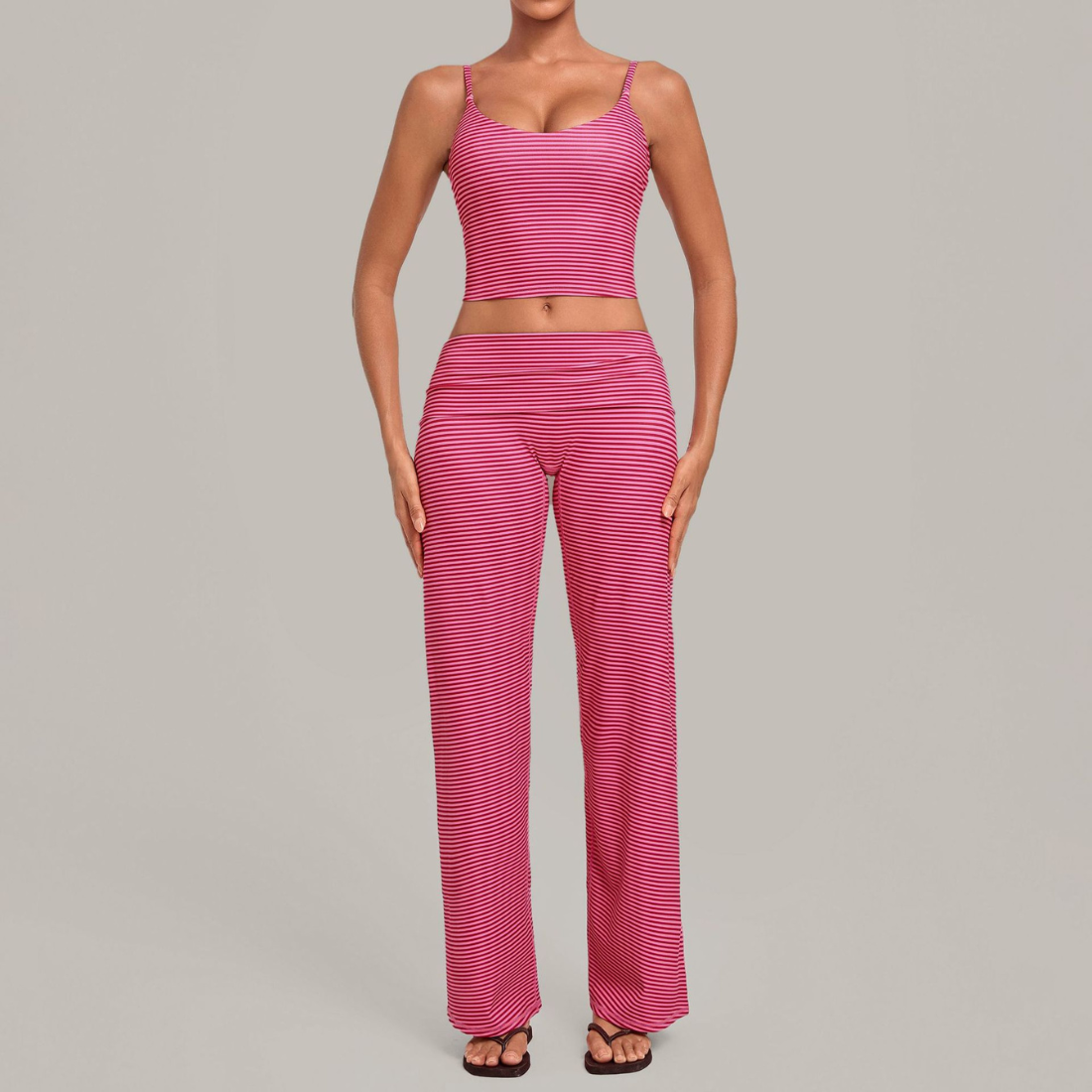 Wholesale Women's Activewear Retro Print Fold-Over Waist Top & Straight-Leg Pants Set