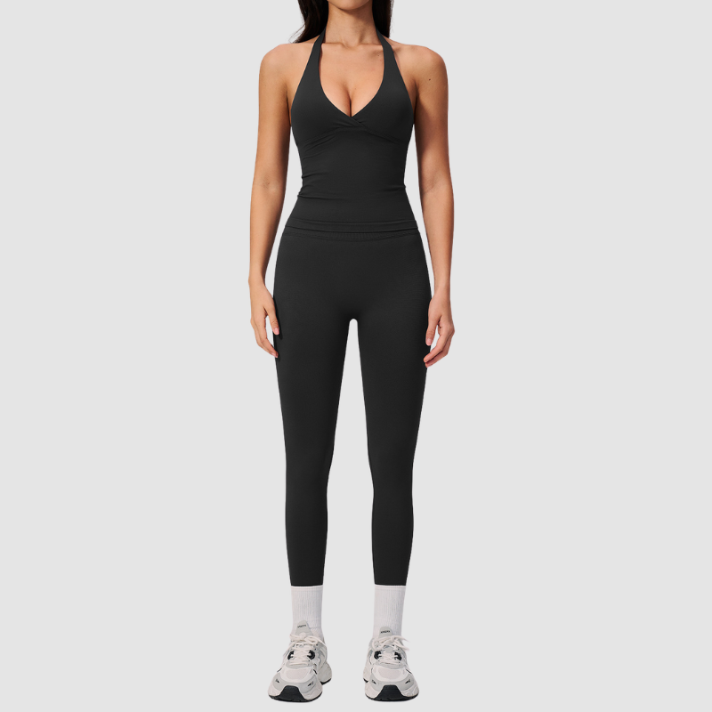 Wholesale Women's Halter Sports Bra & Full-Length Leggings Set – Seamless Peach-Lift Yoga Activewear