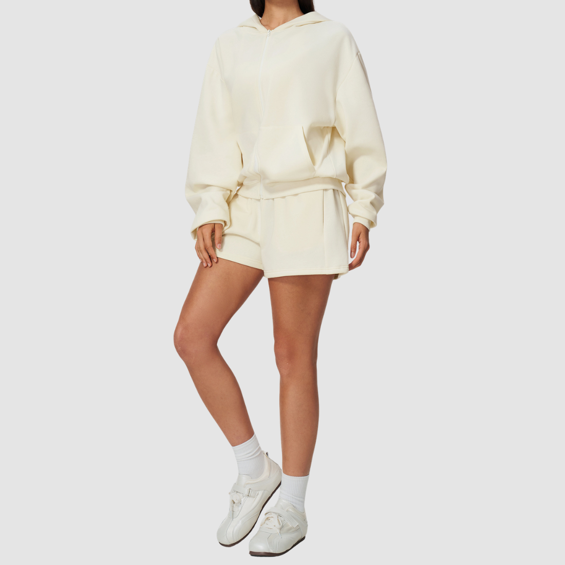 Wholesale Women's Warm Fleece-Lined Zip Up Hoodie & Sweat Shorts Set