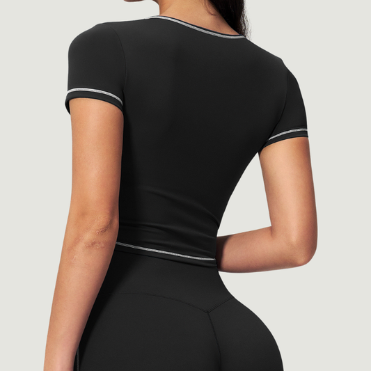 Wholesale Women's Seam-Detail Colorblock Short Sleeve Crop Top – Butt-Lifting Yoga Gym Activewear FDX2036