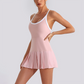 Wholesale Women's Pleated Tennis Dress Yoga Bodysuit with Chest Pad