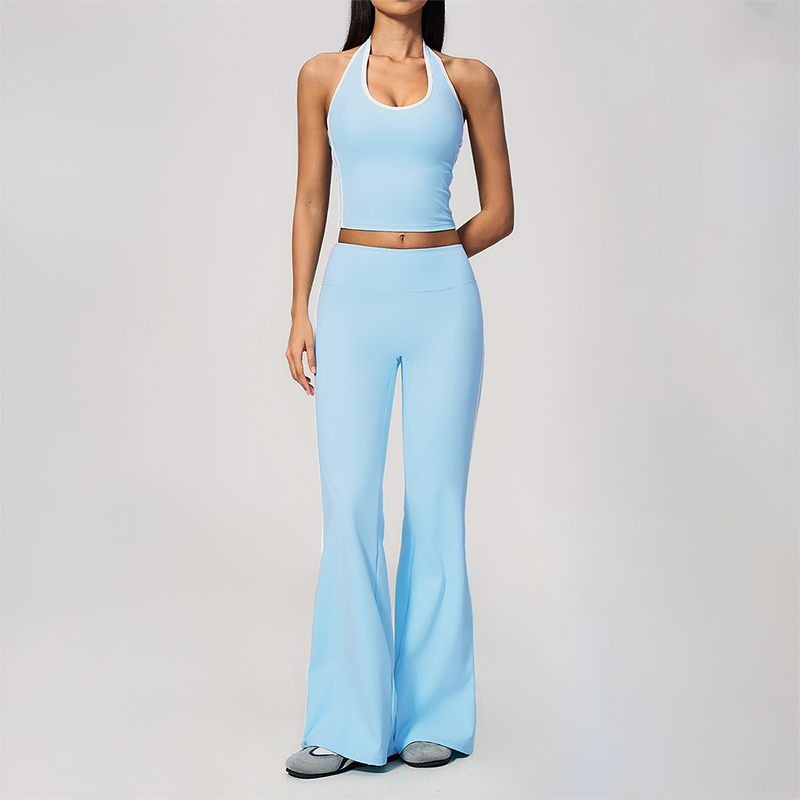 Wholesale Women's Bare-Feel Color-Block Tank Top & High waisted flared pants Set