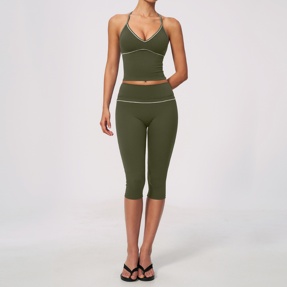 Wholesale Women's Brushed Yoga Set: Cross-Back Bra & Capri Pants – Colorblock Tummy Control