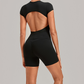 Wholesale Women's Open-Back Pleated Yoga Set Short Sleeve Crop Top & Shorts with Chest Pad