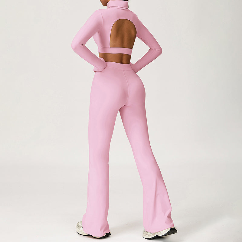 High-Neck Cropped Long Sleeve + Flared Leg Pants 2-Piece Set