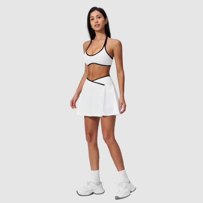 Wholesale Women's Color Block Sports Bra & Anti-Exposure High-Waist Mini Skirt Set – Naked Feel Yoga Gym Activewear