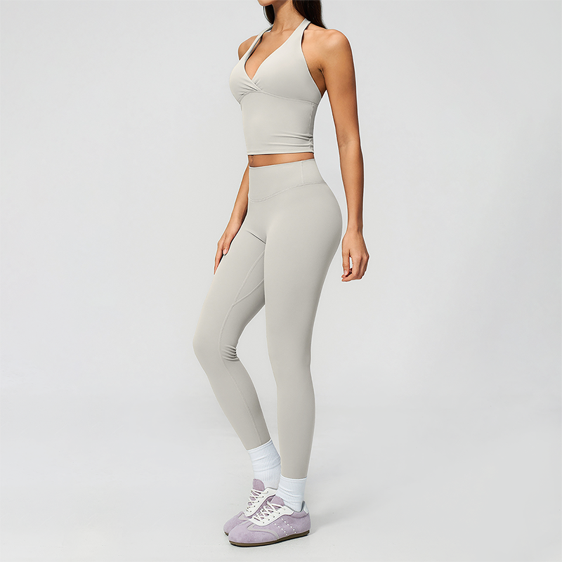 Wholesale Women's Cream-Feel Fleece Deep-V Halter Neck Tank Top & Leggings Set