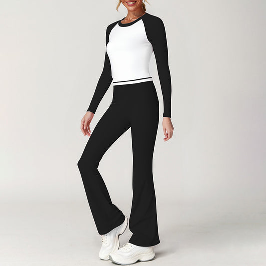 Top de manga larga + pantalones deportivos contrastantes + banda de diadema de 3 piezas