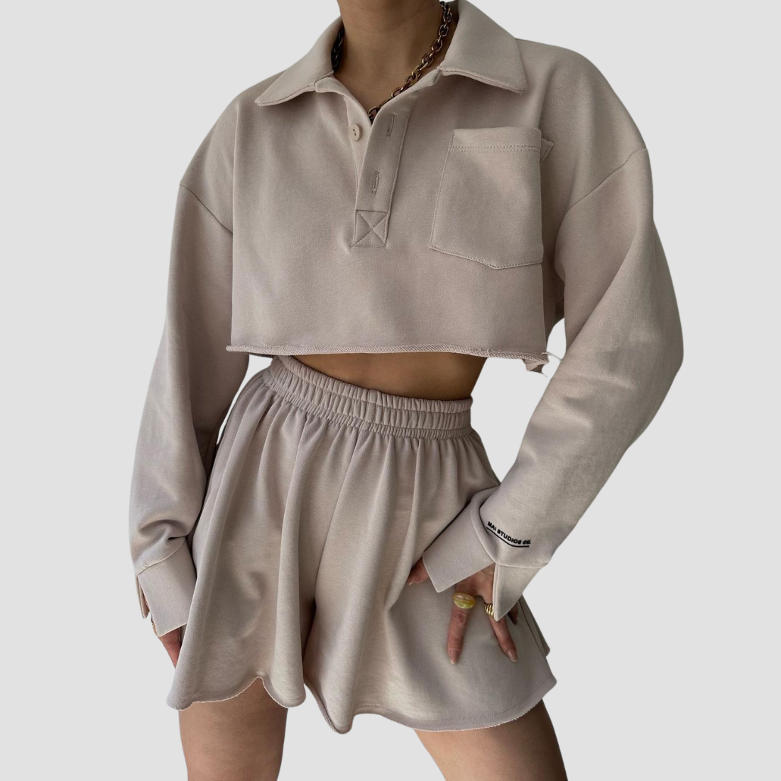 Wholesale Women's Long Sleeve Crop Cardigan & Drawstring Shorts Set – Casual Two-Piece TZ8040