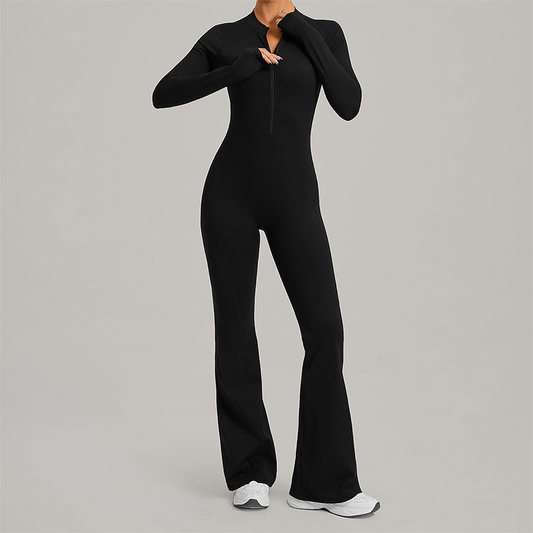 Zipper long sleeved backless fitness jumpsuit