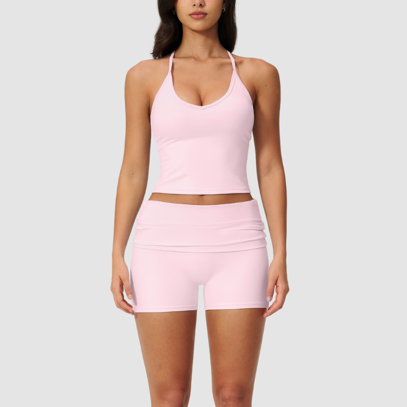 Wholesale women's brushed vest and fold-over hip-lifting shorts set