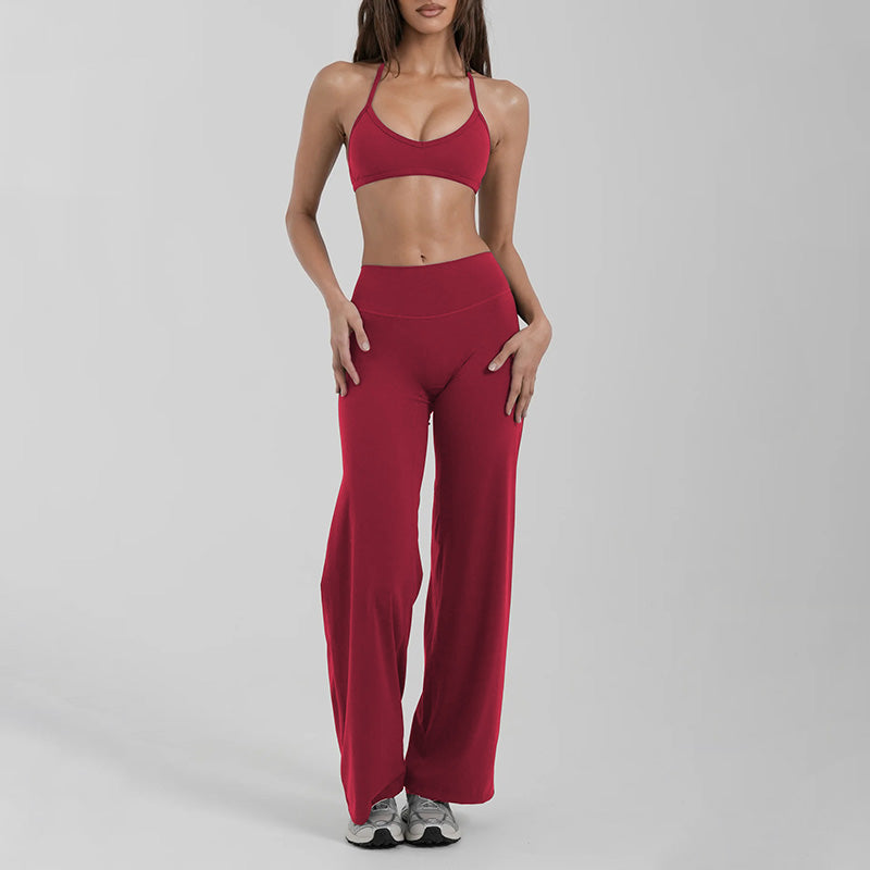 Halter-neck backless bra + loose wide-leg pants 2-piece set