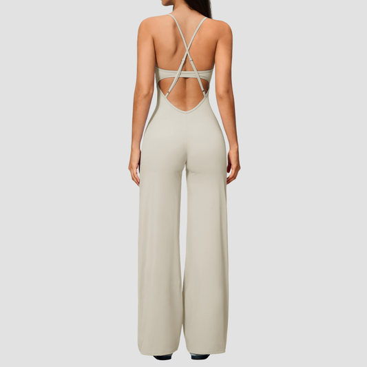 Wholesale Women's Brushed Yoga Jumpsuit – Cross Back Wide-Leg Athletic Bodysuit w/ Chest Pad