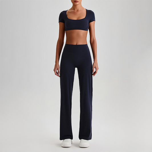 Wholesale Women's Short Sleeve Exposed Back Bra+Naked Feel Straight Leg Pants Yoga Set
