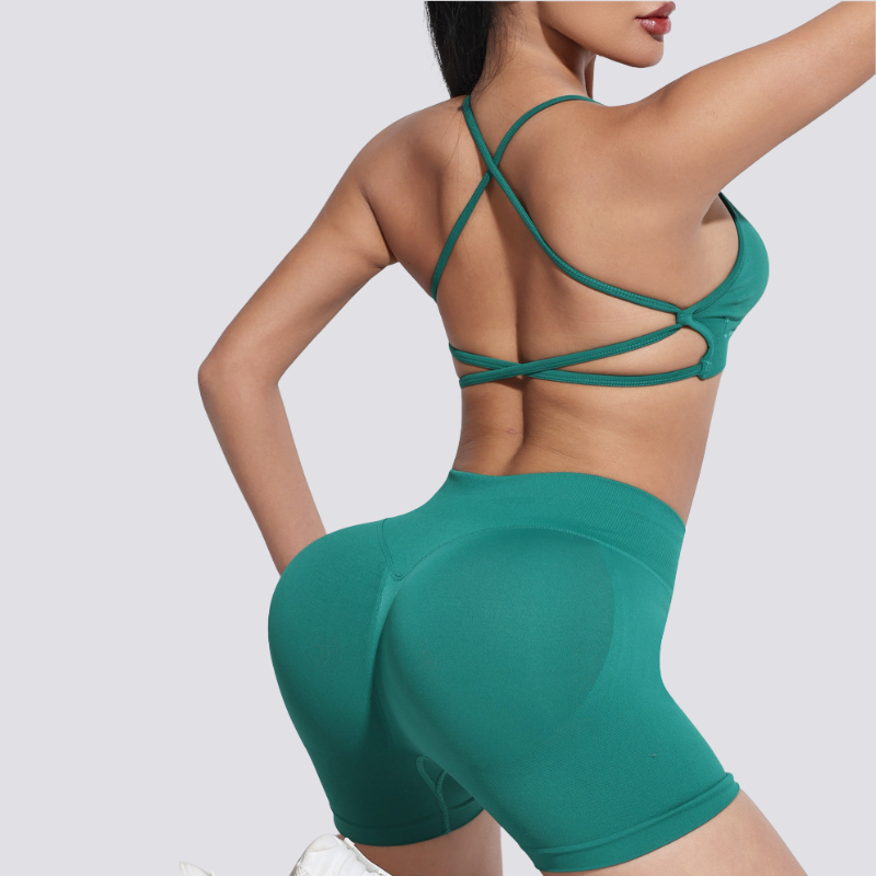 Women's beautiful back strap sports bra + yoga shorts two-piece set
