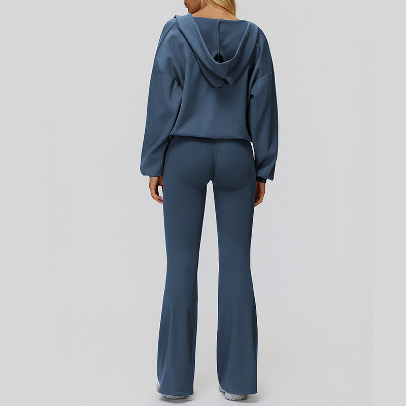 V-neck large hooded jacket+Sports tank top+High-waisted pleated back pants 3-piece set