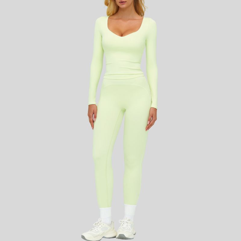 Color-blocked long-sleeved sports top+High waisted leggings 2-piece set