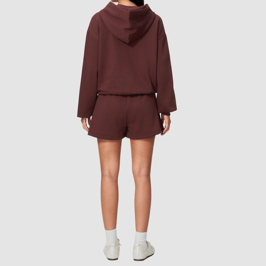 Wholesale Women's Warm Fleece-Lined Zip Up Hoodie & Sweat Shorts Set