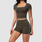Wholesale Women's Seam-Detail Short Sleeve Crop Top + High-Waist Shorts Set – Butt-Lifting Yoga Gym Activeweare