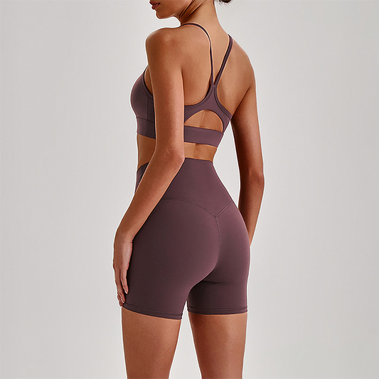 Wholesale Brushed Naked-Feel Open-Back Sports Bra & High-Waist Shorts Set – Sculpting Yoga 2-Piece