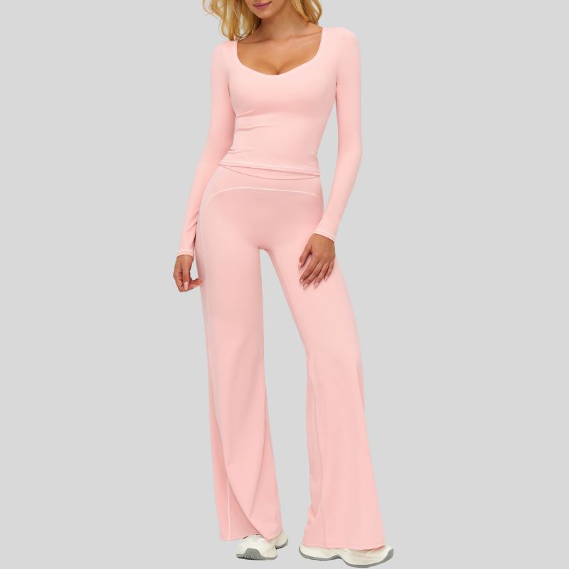 Color-blocked long-sleeved sports top+ High-waisted wide-leg pants 2-piece set