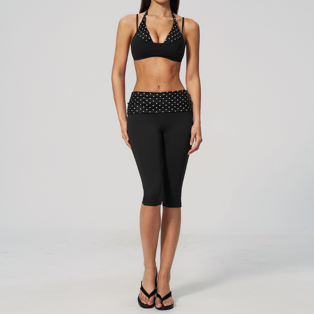 Wholesale Women's Polka Dot & Stripe Yoga Set Halter Neck Sports Bra & Capri Pants w/ Chest Pad