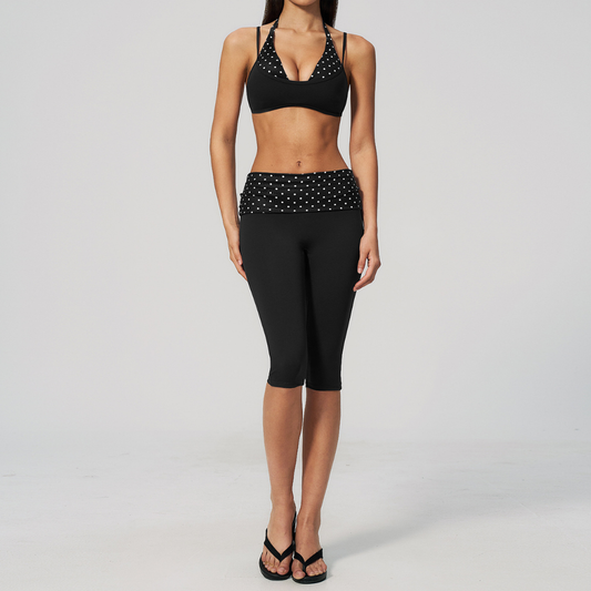 Wholesale Women's Polka Dot & Stripe Yoga Set Halter Neck Sports Bra & Capri Pants w/ Chest Pad